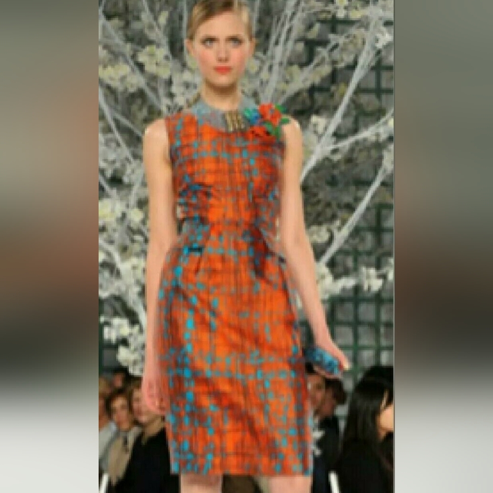 $3990 OSCAR DE LA RENTA STUNNING TURQUOISE ORANGE RUNWAY SILK DRESS SIZE US 6